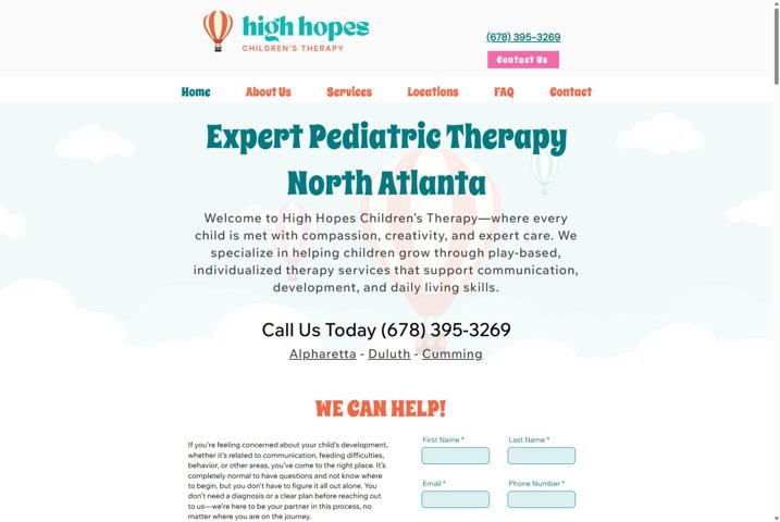 Website preview for High Hopes Children's Therapy