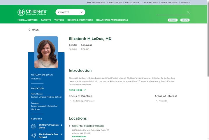 Website preview for Elizabeth M. LeDuc, MD