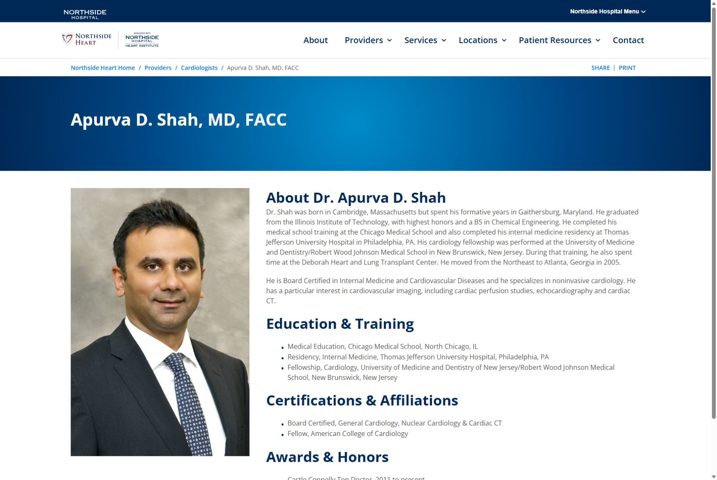 Website preview for Apurva D. Shah, MD, FACC
