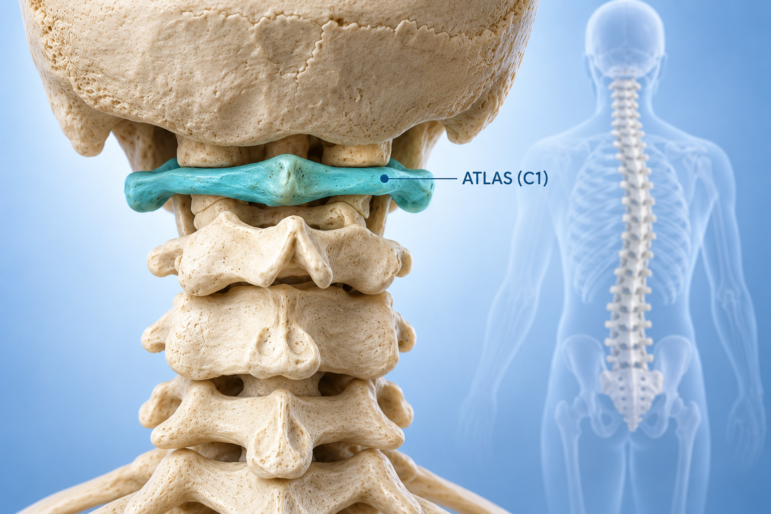 Posterior view of the upper cervical spine with the atlas, C1, highlighted in blue.