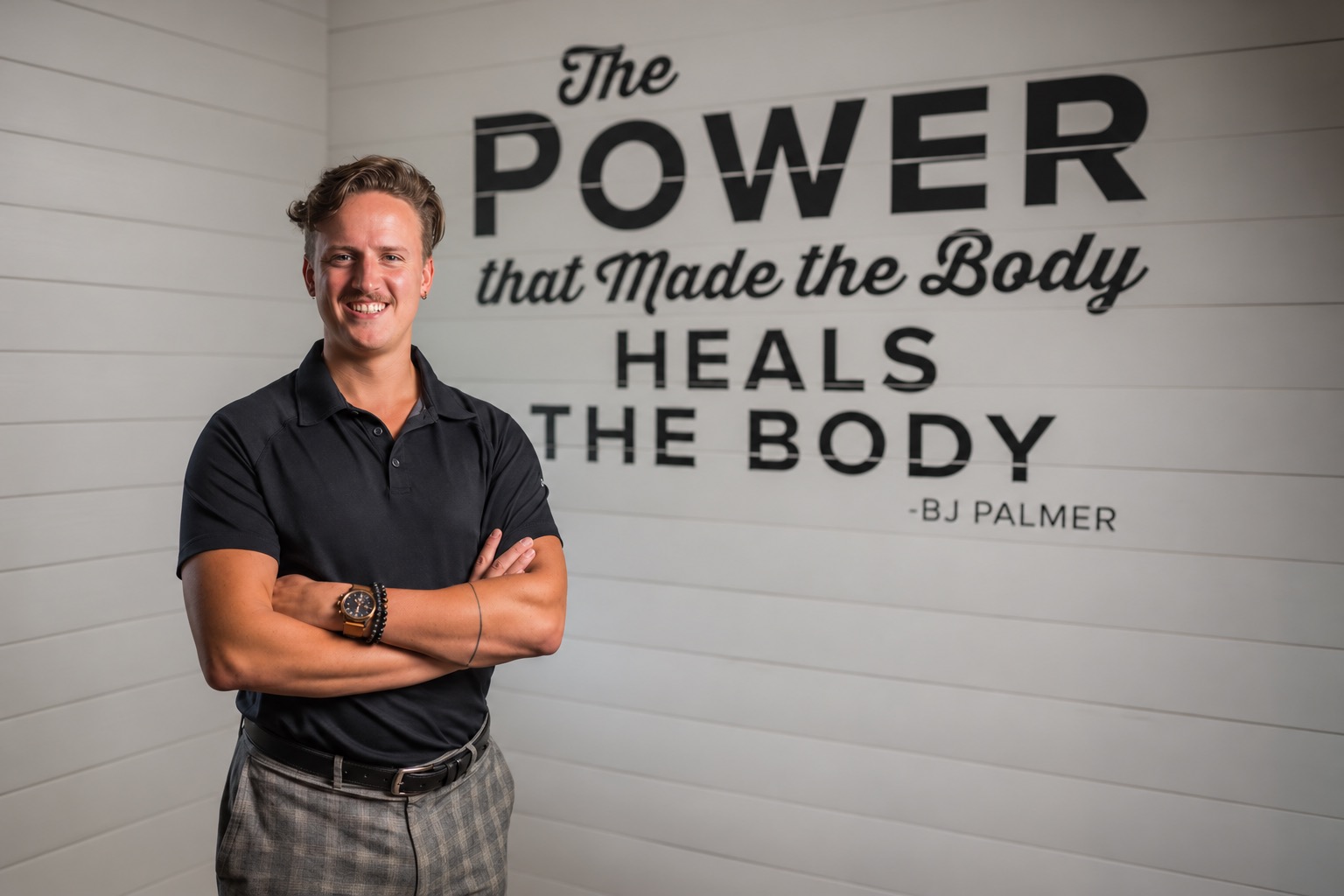 Dr. Andrew Drew Salminen at Alpha Spine Center beside the B.J. Palmer quotation wall.