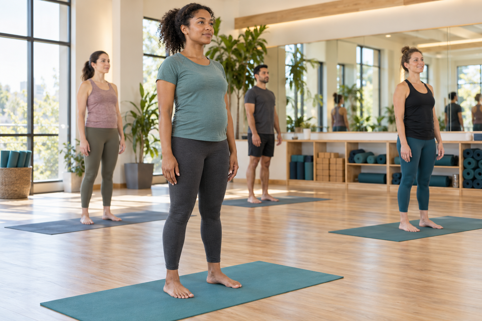 Woman participating in a yoga class at a gym, illustrating first-trimester movement