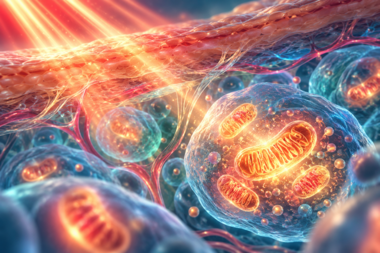 Conceptual illustration of therapeutic light entering tissue, with cells and mitochondria shown artistically.