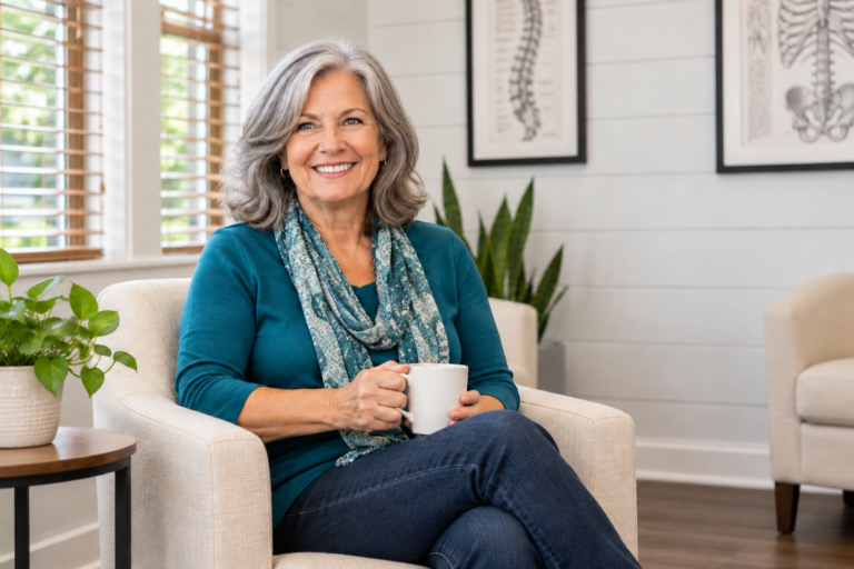 AI illustration of a smiling woman looking at the camera in an ASC-inspired white shiplap lounge.