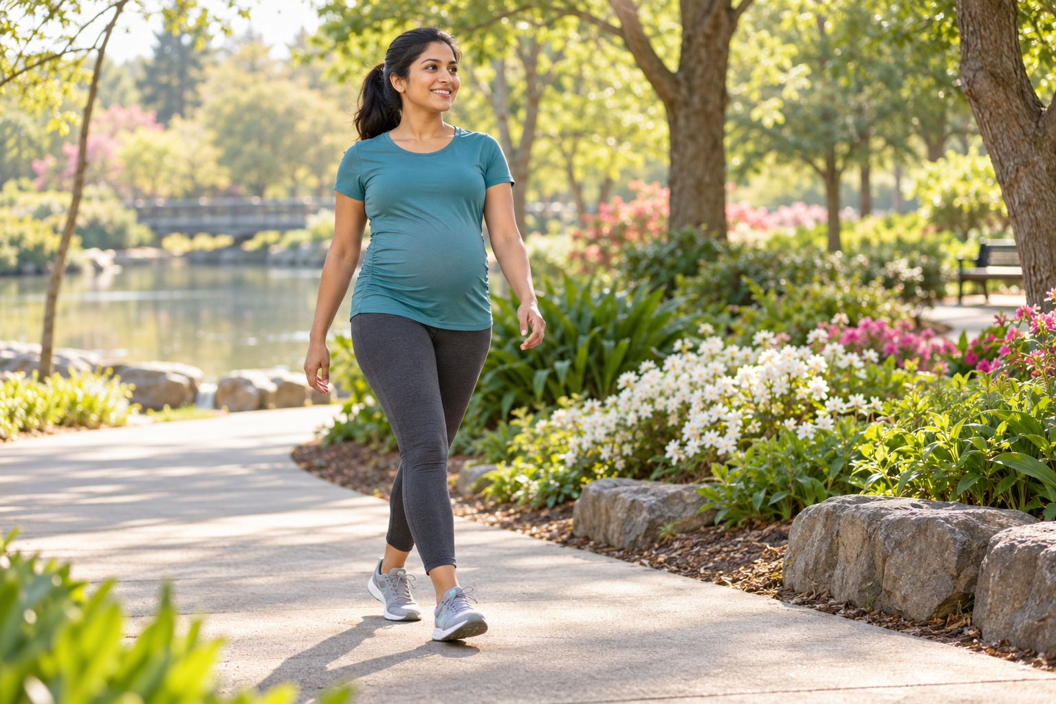 Pregnant woman walking along a park path, illustrating second-trimester movement