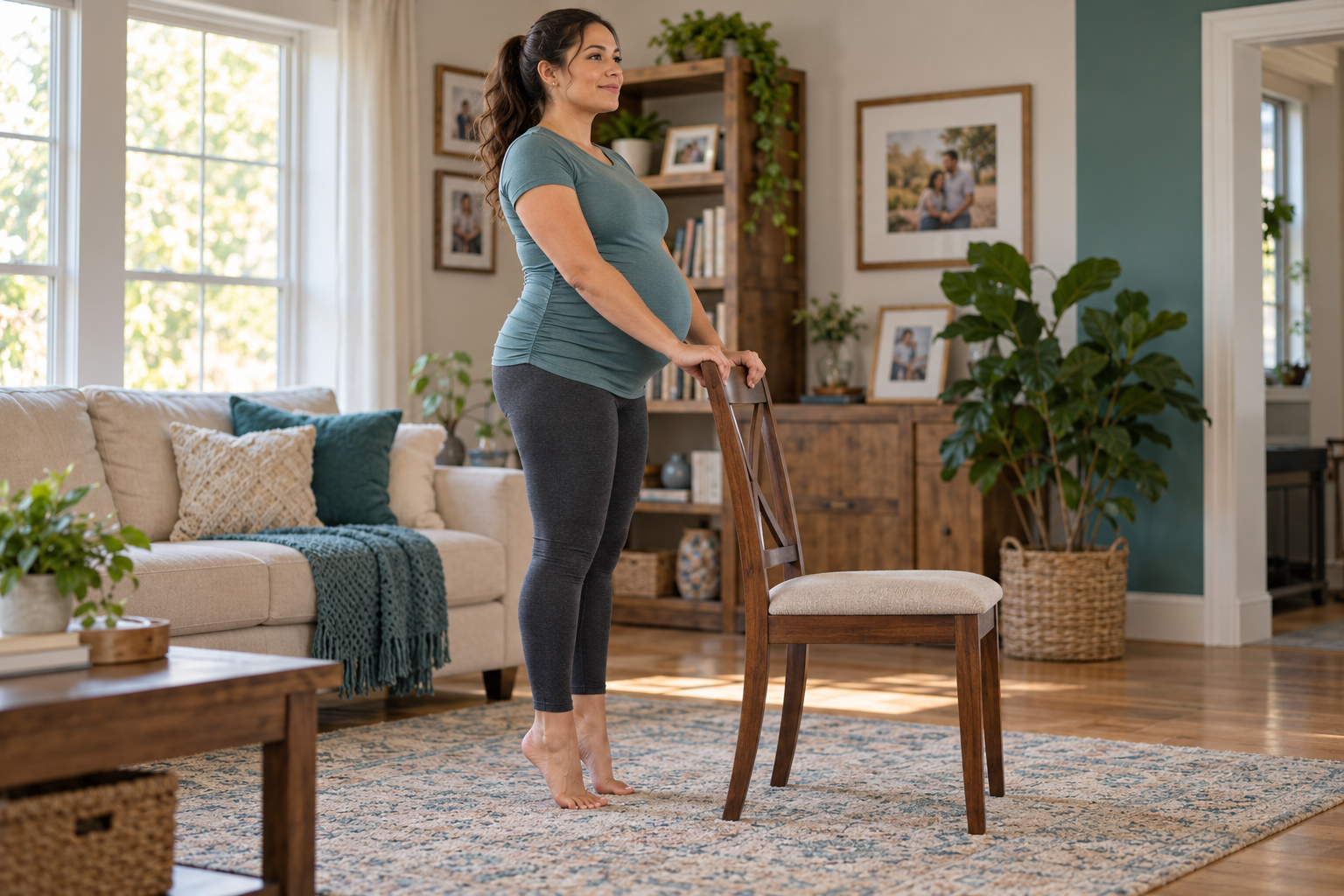Pregnant woman doing gentle chair-supported exercise at home, illustrating third-trimester movement