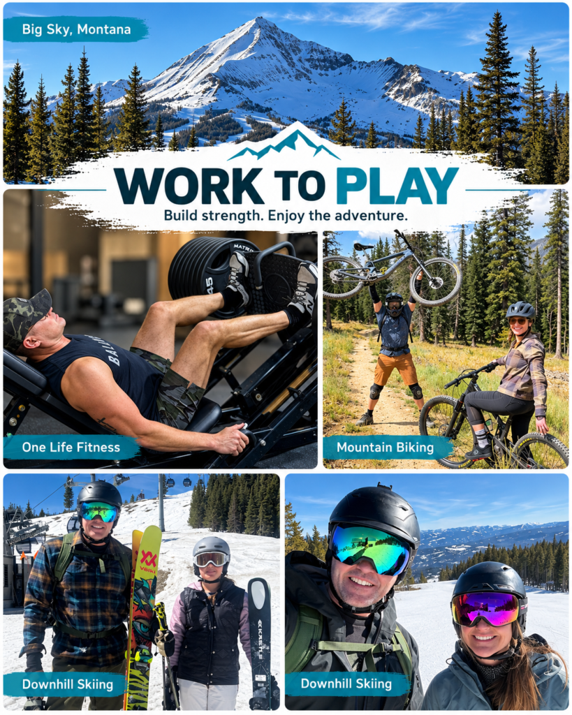 Work to Play collage: Dr. Bryan Salminen training on a leg press at Onelife Fitness Crabapple, with family skiing and mountain biking in Big Sky, Montana.